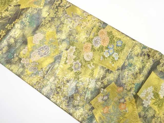 アンティーク　引箔　重ね色紙に花模様織り出し袋帯（材料）